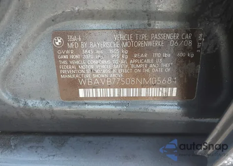 2008 BMW 335I z USA, uszkodzony, nr VIN WBAVB77508NM05684